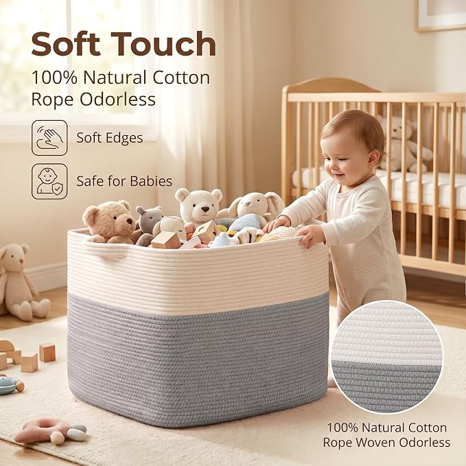 OIASKET 108L Cotton Rope Storage Basket for Living Room and Bedroom 25"x16"x16" Woven Laundry Basket, Heavy Duty Bin for Blankets, Pillows & Toys, Pet-Safe & Scratch-Free, Grey and White