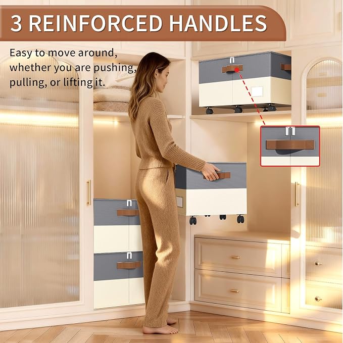 Foyego Shoe Organizer for Closet, with Wheels, Beige and Grey | Fits 24 Pairs, with Adjustable Dividers and Clear Cover, Saving Space Foldable Fabric Closet Shoe Storage Organizer Box Bins
