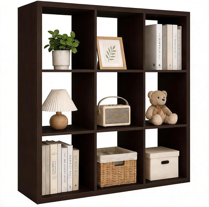 CTESNE【Wooden Thick Frame 9 Cube Storage Organizer Shelf with Anti-Tipping Kits + Reversible Open Back Bookcase, Horizontal and Vertical Dual-use Standing Bookshelf（Chocolate,13inch）