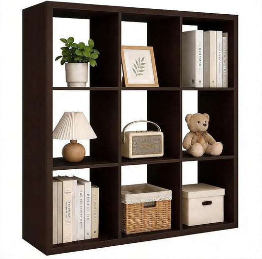 CTESNE【Wooden Thick Frame 9 Cube Storage Organizer Shelf with Anti-Tipping Kits + Reversible Open Back Bookcase, Horizontal and Vertical Dual-use Standing Bookshelf（Chocolate,13inch）