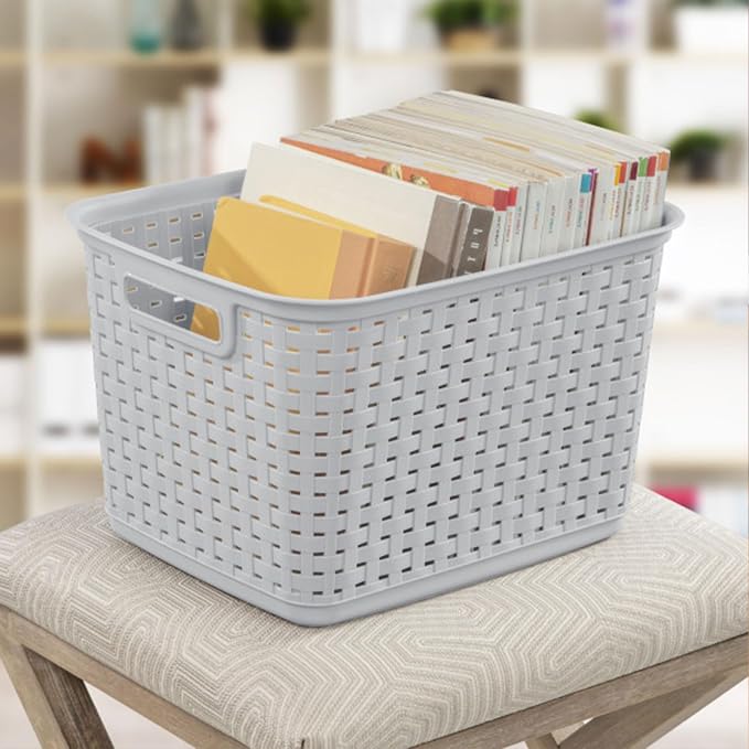 Sterilite Tall Weave Basket, Rectangular Plastic Décor Bin, Gray, 6 Pack | Multi-Purpose and Decorative Organizer for Clothes, Shelves, Closets, Pantries, Living Rooms or Offices