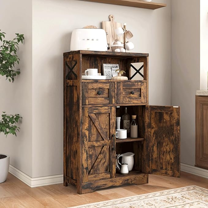 Farmhouse Storage Cabinet with Drawers, Small Kitchen Pantry Cabinet, Brown | Accent Coffee Bar Cabinet Cupboard, 2 Drawers, 2 Barn Doors & Adjustable Shelves, for Kitchen/Entryway/Living Room/Bathroom