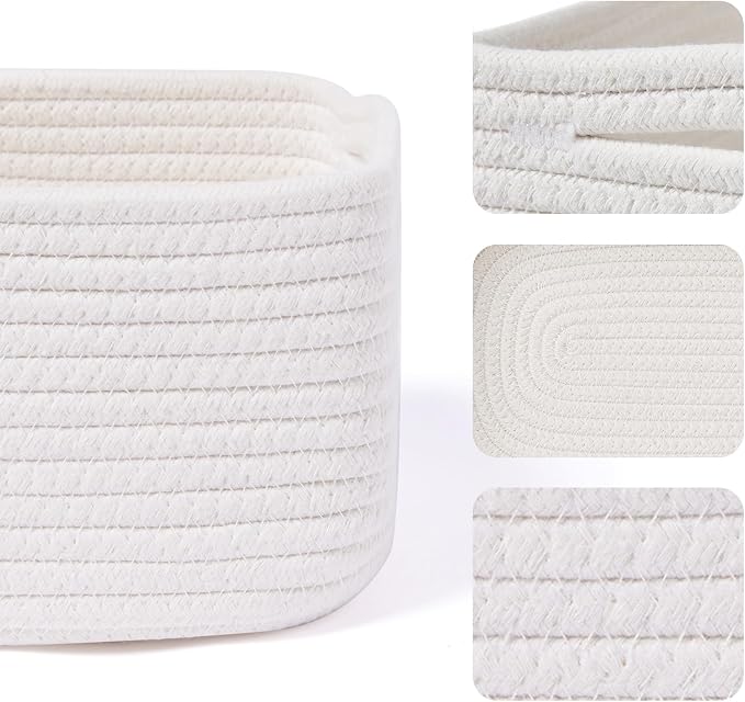 MiniArk Small Storage Baskets for Organizing | Closet Organizer Bins | Shelf Toy Basket | Woven Rope Baskets | Cube Decorative Box | Shallow Basket | 13x8.5x5.1” | 4 Packs Off White