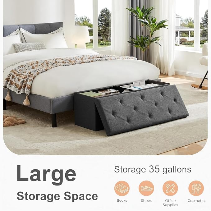 Sweetcrispy 43 Inch Folding Storage Ottoman Bench, Ottoman with Storage | Large Hidden Storage Chest with Padded Seat, Foot Rest Stool, End of Bed Bench for Bedroom, Living Room, Linen Fabric, Gray