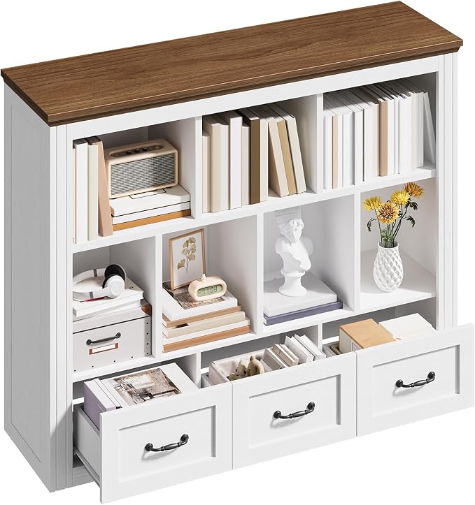 10 Cube Bookshelf Set of 2, Wooden Cubby Storage Organizer, Farmhouse Short Bookcase, Cube Shelf Bookcase with 3 Drawers, 3 Tiers Floorstanding Open Bookshelf, White and Walnut