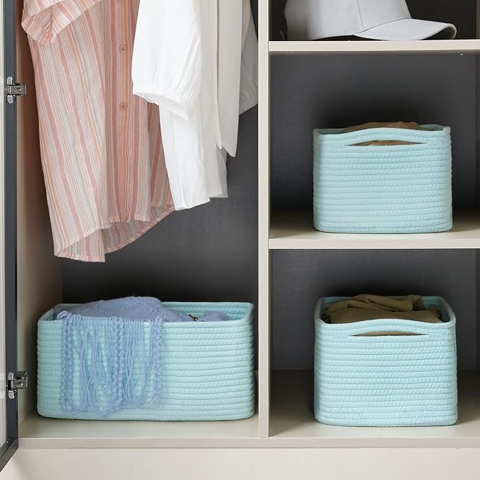 3-Pack Small Storage Baskets for Organizing | Woven Shelf Toy Basket | Rope Baskets for Gifts Empty | Closet Organizer Bins with Handles | Cube Decorative Box | 11.8×7.8×5.1” | Light Blue