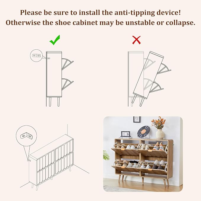 Shoe Storage Cabinet for Entryway with 4 Flip Drawers, Freestanding Narrow Wood Shoe Cabinet with Wave Panel, Hidden Shoe Organizer for Foyer, Hallway (Natural)