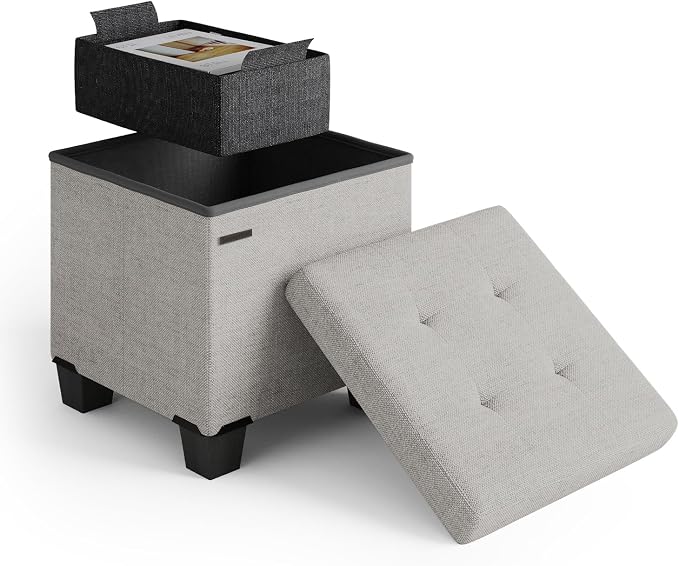 Storage Ottoman Cube with Small Bin, 15-in Square Ottoman with Storage for Living Room and Bedroom, Small Ottomans Foot Rest, Fabric Foot Stools Ottomans Max 330lbs, Light Grey