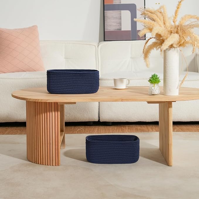 3-Pcs Shelf Baskets for Organizing, Closet Organizer Bins, Small Woven Baskets, Rope Toy Basket, Storage Basket for Shelves, Cube Decorative Box, 11.8×7.8×5.1”|Navy Blue