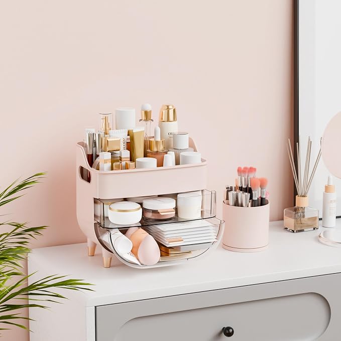 Pink Make up Organizer for Countertop,Vanity,Large Capacity Bathroom Makeup Skincare Organizers With Brush Holder,Makeup Storage Organizer for Lotion,Beauty Products,Skin Care,Makeup Display