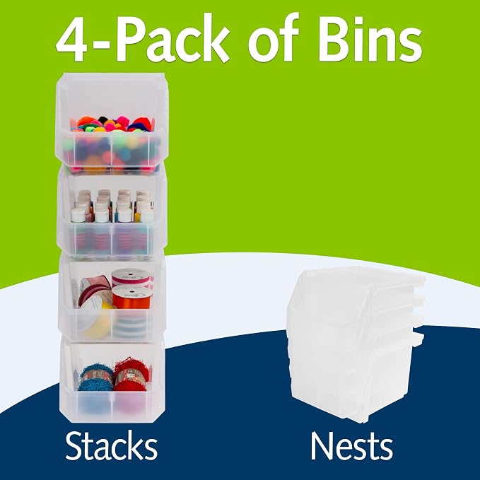 ReadySpace Medium-Tall Stackable Plastic Storage Bins, 4-Pack, Clear | Open-Front Stackable Bins For Garage, Pantry, Closet & Office, 7"L X 11"W X 8"H, Nests When Empty, Durable Plastic,