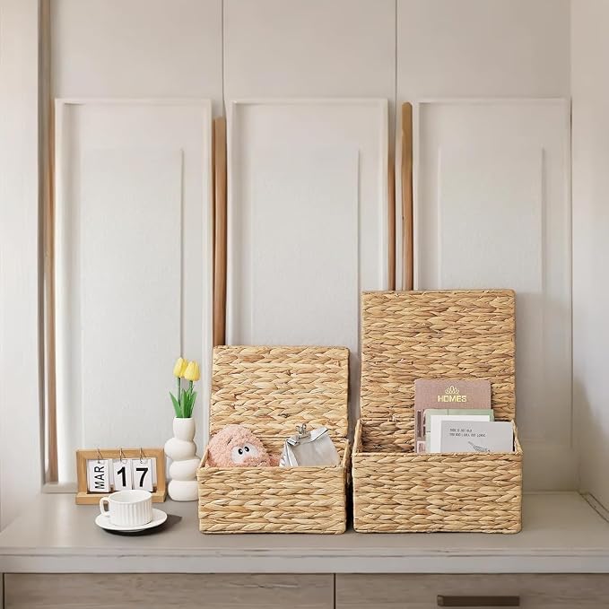 Wicker Storage Baskets with Lids,Multi-size 3 Pack Natural Water Hyacinth Wicker Nesting Baskets,Decorative Storage Ratten Boxes for Organizing,Storage,and Gifts