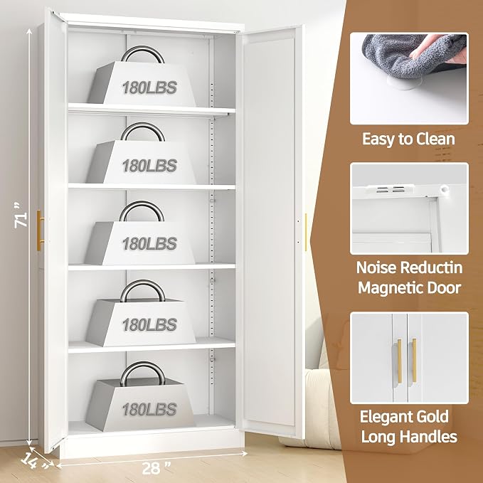 71”Tall Kitchen Pantry Cabinet, Metal Storage Cabinet with Doors and Shelves (White)