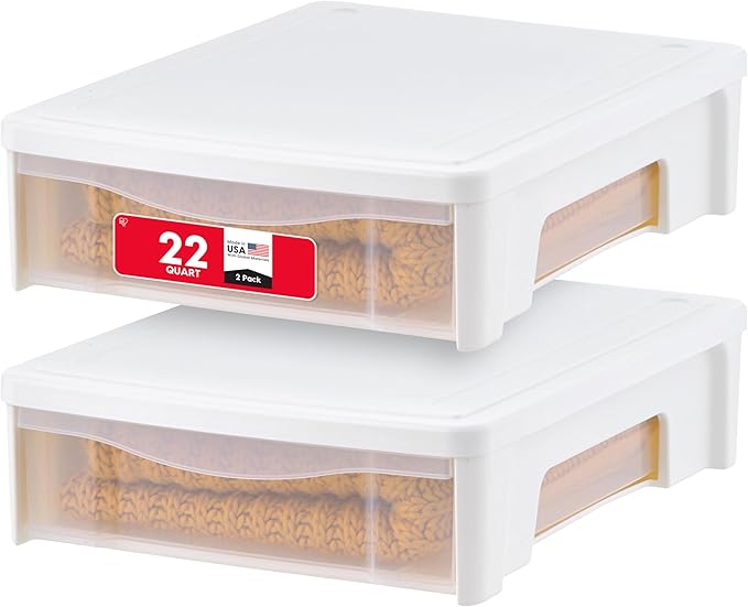 IRIS USA 2-Pack, 22 Qt. Under Bed Storage Bin with Sliding Drawer, White | Store seasonal clothing, shoes, blankets, linens and household essentials neatly under beds to maximize storage space