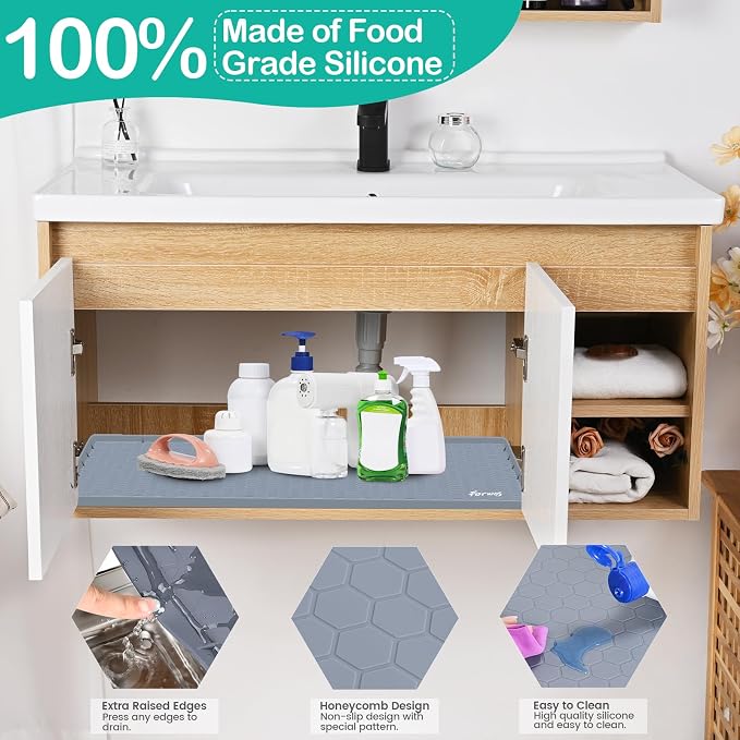 Silicone Under Sink Mat, 28"x22", Waterproof Cabinet Liner, Grey | Shelf Liner, Cabinet Protector, Home Organizer, for Kitchen, Bathroom, Multipurpose, Leak Proof, Easy Clean, Drip Tray, Clean
