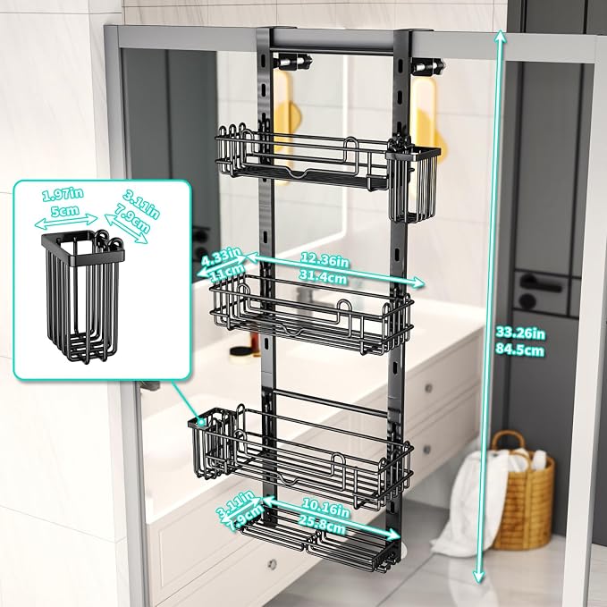 HapiRm Over the Door Shower Caddy - 4-Tier Hanging Shower Organizer with 22 Hooks and 2 Toothbrush Holders, No Drilling Adjustable Hanging Shelves for Bathroom - Black