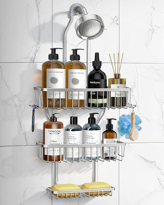 Shower Caddy Hanging - Never Rust Shower Hanging Organizer - Aluminum Over the ShowerHead Caddy with Soap Basket and 6 Hooks for Razor/Sponge (Shiny Silver)