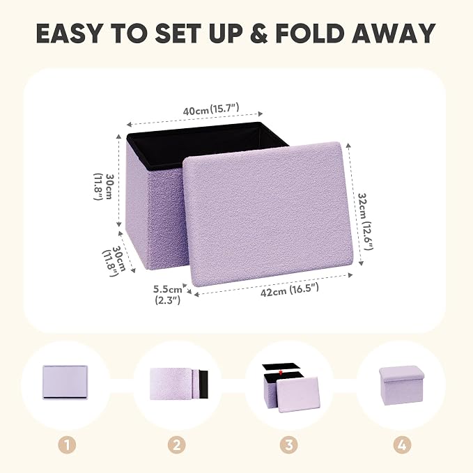 PINPLUS Storage Ottoman Cube Ottoman Foot Rest,Small Foldable Portable Boucle Upholstered Sherpa Ottomans, Faux Teddy Fur, Purple 16.5"x12.6"x12.6"