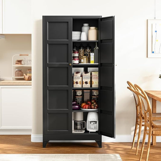 Yizosh Metal Pantry Cabinet,- 72" Black Kitchen Pantry Storage Cabinet with Doos and Adjustable Shelves for Kitchen, Living Room,Dining Room,Home