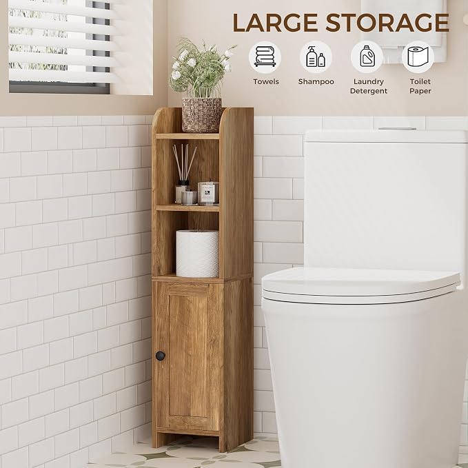 Homhedy Small Bathroom Storage Cabinet, Narrow Toilet Paper Cabinet | Corner Floor Cabinet with Door and Shelves, Slim Bathroom Cabinet for Small Spaces, 7.9" D x 7.1" W x 31" H, Rustic Walnut