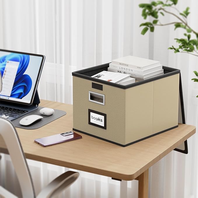 File Organizer Box with Lids, Collapsible File Folder Organizer | File Box with Plastic Slides for Document, Filing Bin for Letter Size Hanging File Folders (1 Pack, Khaki, Leather)