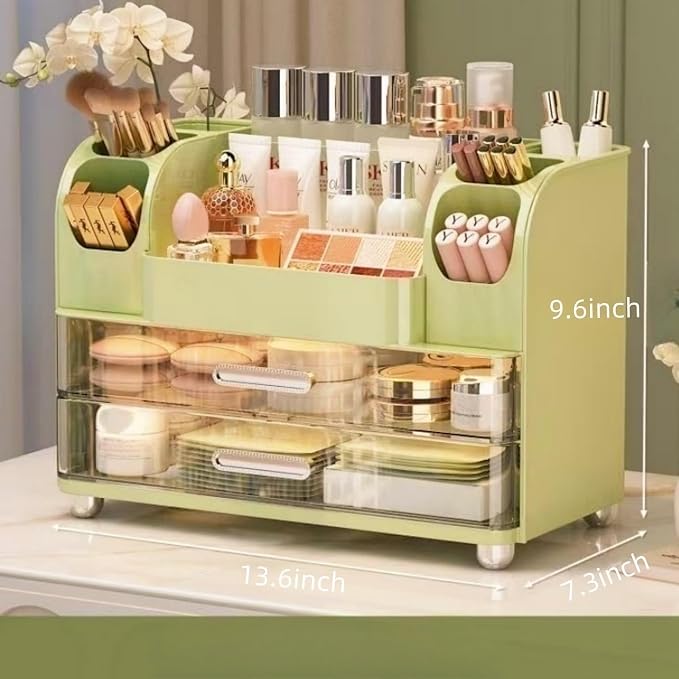 Makeup Organizer with Drawers for Vanity,Bathroom Countertop Organizer with Brushes Holder,Skincare Storage Organizer,Perfect Cosmetic Display Case for Skincare,Lipstick and Beauty Essential (Green)