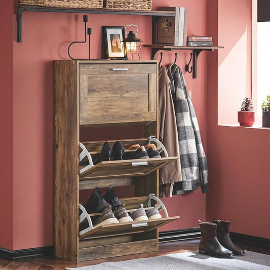 Haotian Shoe Cabinet Storage for Entryway | Narrow Shoe Cabinet with Three Flip Drawers to Save Space, Shoe Rack Cabinet for Entrance Hallway (Natural)
