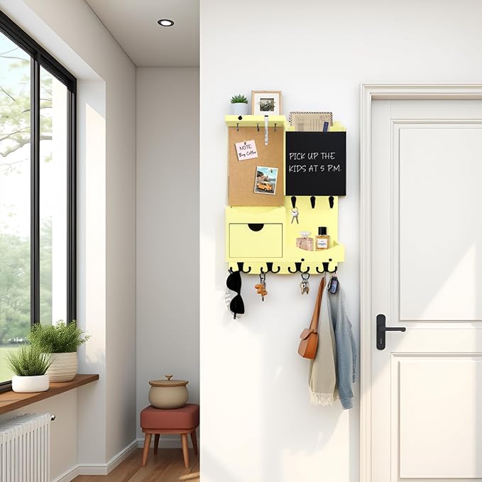 Key Holder Wall Mount， Mail Organizer Key Holder for Wall with Shelf, Drawer, Chalkboard, Corkboard, Home Decor Wall Mounted for Room Entryway (Ivory Yellow)