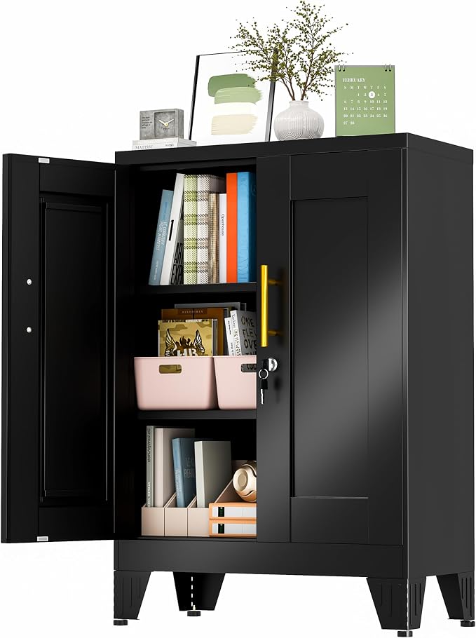 GAIOUS 36" Black Metal Storage Cabinet with Lock, Locking Cabinet with 2 Doors and 2 Adjustable Shelves, Bathroom Floor Cabinets, Freestanding Locked File Cabinets for Home/Office/Garage