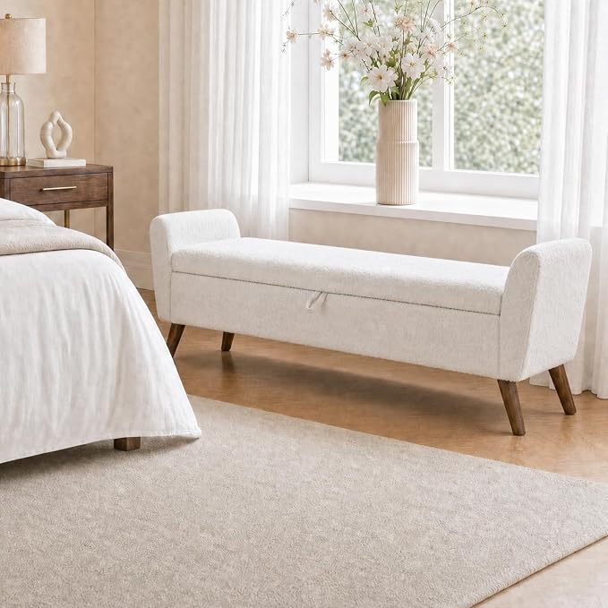 60" Storage Ottoman Bench, End of Bed Bench King Size Beige | Solid Wood Legs, Large Hidden Storage, High-Resilience Foam, Teddy Fabric