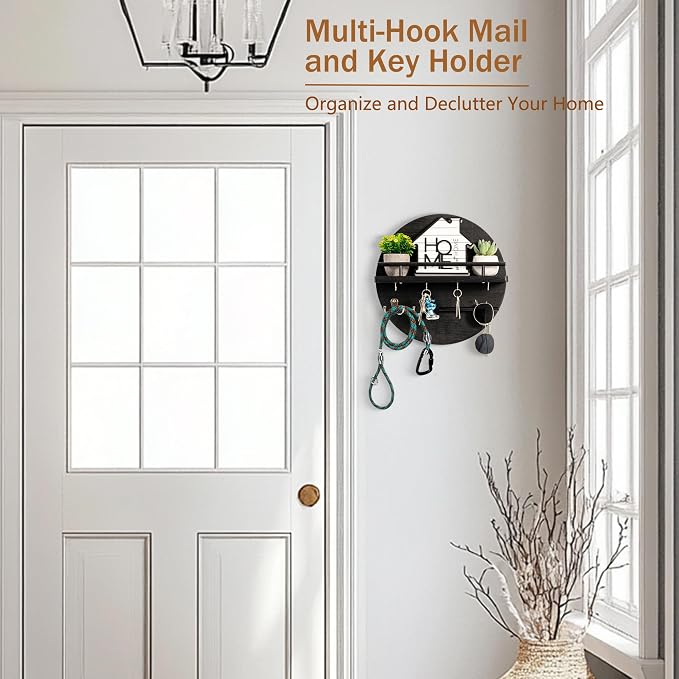 dreampossible Key Holder for Wall Decorative with Shelf and Hooks, Mail Organizer Wall Mount, Circular Design Entryway Key Rack Hanger, Rustic Home Decor (Black)