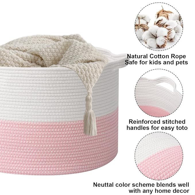 65L Large Pink Woven Cotton Rope Basket with Handles | Kids Nursery Laundry Basket Hamper for Toys, Blankets, Pillows & Comforters, Cute Storage Bin for Bedroom & Playroom