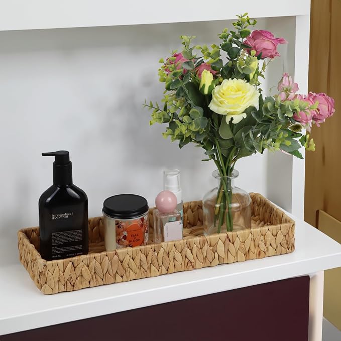 Water Hyacinth Bathroom Vanity Tray, 16.7 Inch | Long Toilet Tank Basket, Hand Towel Organizer, Bathroom Counter Storage, Coffee Table Tray, Woven Decor