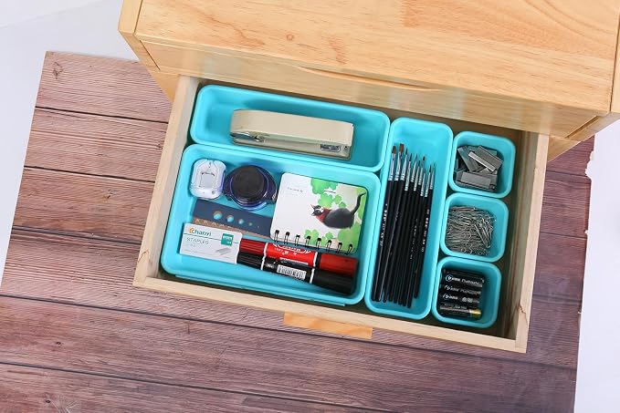 Kutesna 15PCS Interlocking Drawer Organizer, Plastic Desk Organizer Set | 3-Size Versatile Storage Bins,BPA-free,Non-slip, Fits Any Drawer for Cosmetics,Bathroom, Tools,Kitchen and Office（Blue&Green）