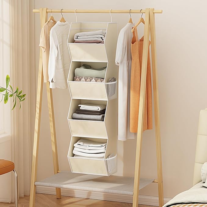 4 Shelf Hanging Closet Organizer Closet Storage for Wardrobe 2 Packs Beige | Hanging Storage Organizer for Closet Organizers and Storage, Hanging Clothes Organizer for Closet Organizer Closet Shelves