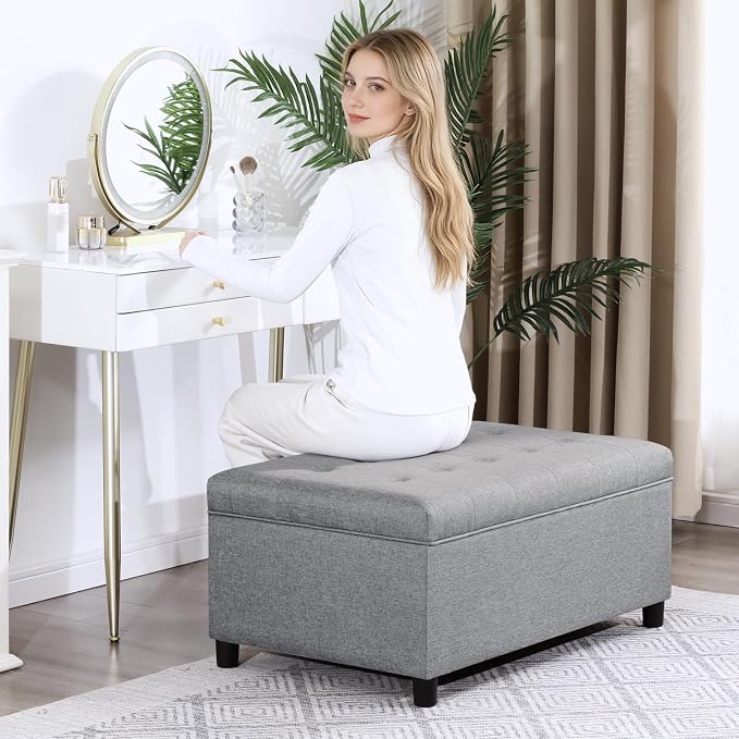Joveco Rectangular Lift Top Storage Ottoman Bench,Linen Storage Bench for Living Room Entryway Bedroom,Linen Gray