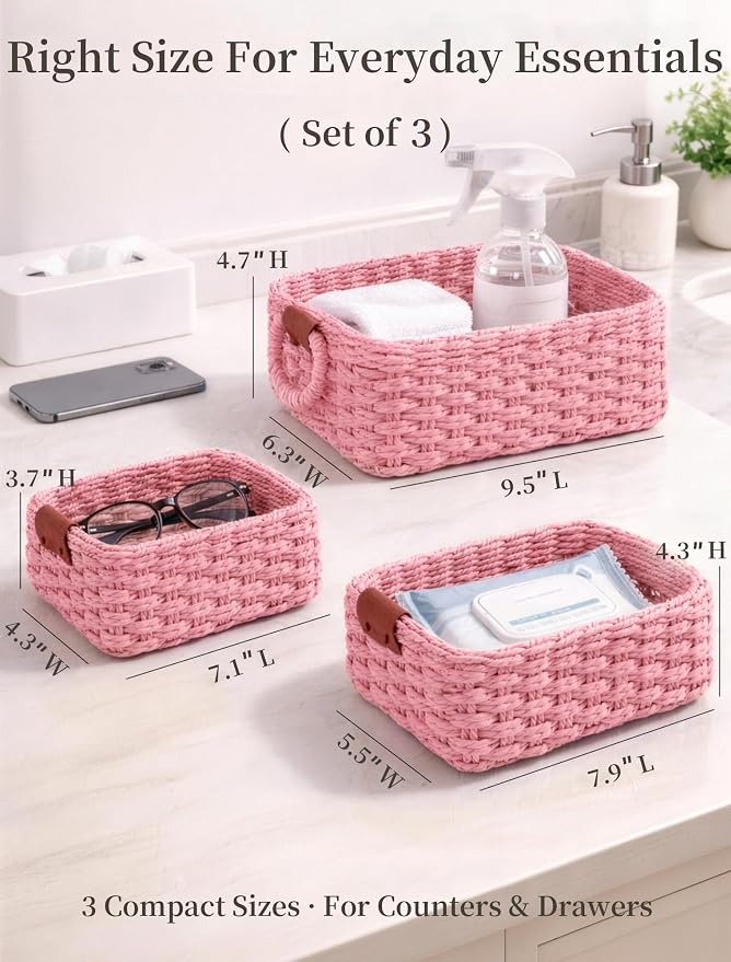Small Wicker Baskets, 3 PCS Paper Rope Baskets for Shelves, Pink | Recycled Small Baskets, 3 Sizes Woven Baskets for Organizing, Decorative Storage Baskets for Bedroom and Bathroom