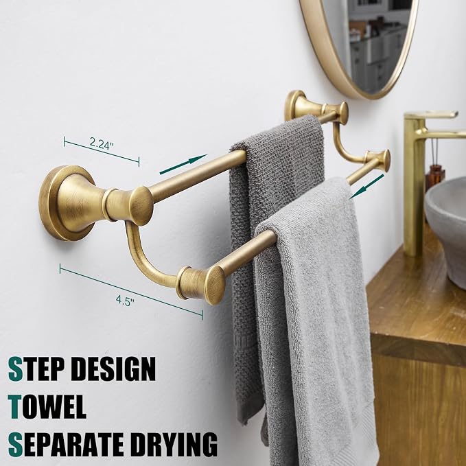Hoimpro Adjustable Retractable 15-27 Inches Stainless Steel Bathroom Towel Bar, Bathroom Accessories Bath Hotel Double Towel Bar Rod Hanger Wall Mounted Towel Holder Towel Rack, Antique Brass