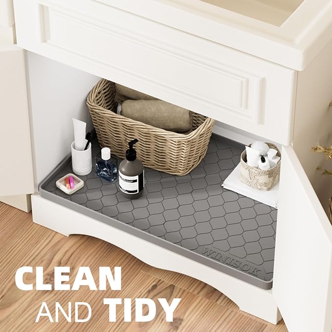 Winisok Waterproof Under Sink Mat 34" x 19", Silicone Mat, Light Gray | Raised Edge Traps Spills & Leaks, Shelf Liner, Cabinet Protector, for Kitchen, Bathroom, Boots, Pets, Home Essentials