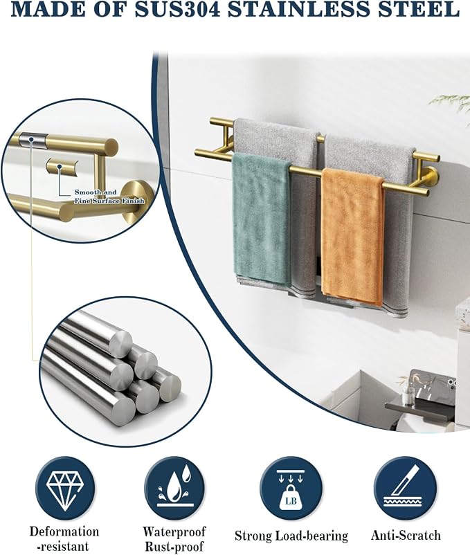 Alise Double Towel Bar Glod,24" Towel Rack for Bathroom Wall Mounted | Bathroom Towel Rack SUS304 Stainless Steel Bathroom Towel Holder Quick Drying Hand Towel Holder Towel Bar for Walls