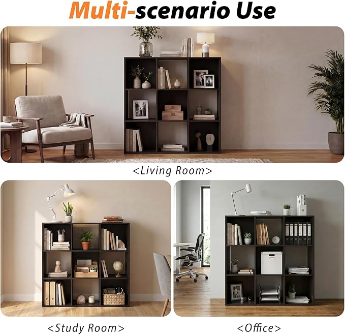 WannabeMyself【Sturdy Build&Easy Assembly】9 Cube Storage Organizer with Anti-Tipping Kits,Reversible Open Back Book Shelf, Bookcase for Living Room,Bedroom,Entrance Hall,Office,35.8×11.4×35.9,Chocolate