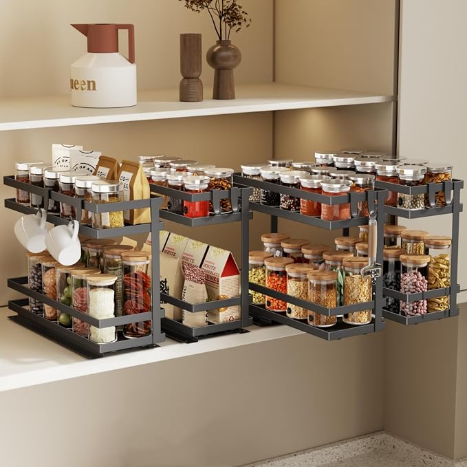 Magheo Pull Out Spice Rack Organizer for Cabinet, 4 Pack Metal Seasoning Organizer Slide Out Spice Storage Shelf No Assembly Vertical Spice Rack Pullout for Kitchen & Bahthroom No Drill(2 Tier,Black)