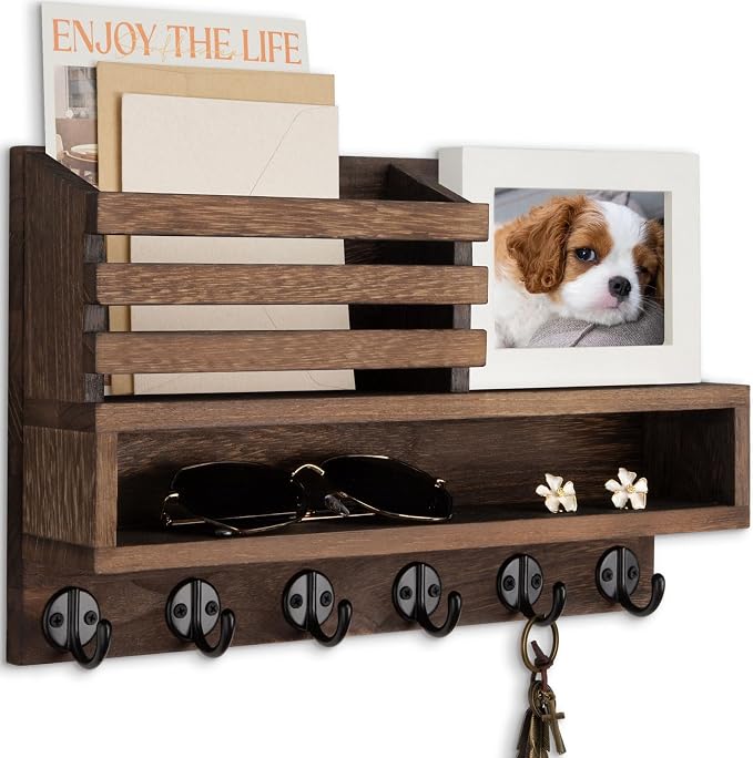 Key and Mail Holder Wall Mount, Key Hanger with Long Storage Box and Key Hooks for Coat, Dog Leash, Home Decor Rack, House Accessories, Entry Way Organizer