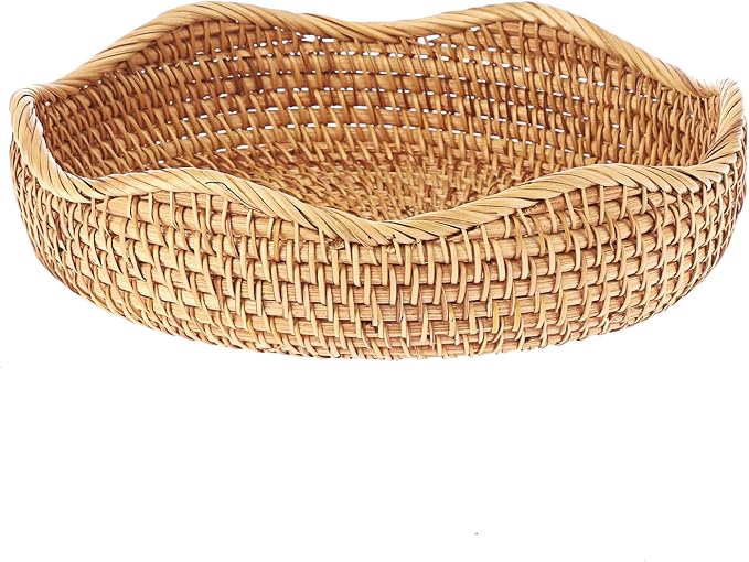 Hipiwe Natural Rattan Tray Wicker Storage Bowls Hand Woven Basket Tray for Bread Fruit Key Round Fruit Baskets for Kitchen Entryway Tabletop Decorative Baskets Bowl,10 Inches