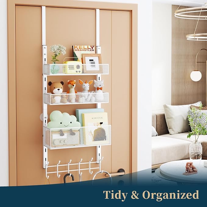 Consumest Over The Door Hooks Organizer - 4 Tier Door Coat Rack with 3 Baskets & 12 Hooks, Stainless Steel Towel Hanger for Bedroom, Bathroom, Living Room, White