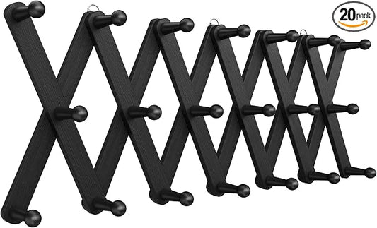 Accordion Wall Hanger, Hat Rack for Wall with 20 Coat Hooks, Expandable Hat Hangers Organizer, Vintage Decorative Coat Rack Wall Mount for Purse, Mug(Black)