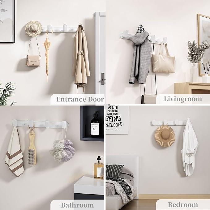 Coat Rack Wall Mount White, 4 Hooks Rack Metal Coat Hanger Wall for Hanging Hat Purse and Robes, Towel Hook for Bathrooms and Entryway (1 Pack)