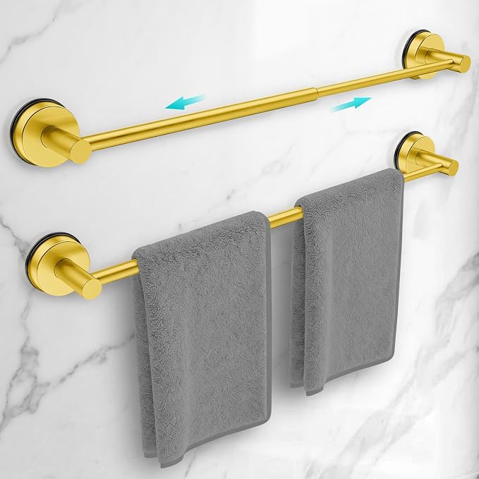 Adjustable Suction Cup Towel Bar for Bathroom Wall,14.6Inch~24 Inch Towel Racks for Bathroom,Stainless Steel Bath Towel Holder for Shower,2 Pack(Brushed Gold)
