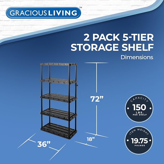 Gracious Living 2-Pack 5 Shelf Unit, Storage Shelves and Rack for Home | Multipurpose and Heavy-Duty Garage Plastic Shelving Organizer - Ideal for Kitchen, Closet, and Pantry, Black