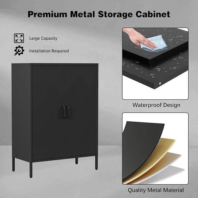 Bevivog Metal Locker Storage Cabinet, Home Office Metal Storage Cabinet Small Sideboard with 2 Doors and 2 Adjustable Shelves,40" Counter Cabinets for Office Garage Bathroom Living Room Hallway